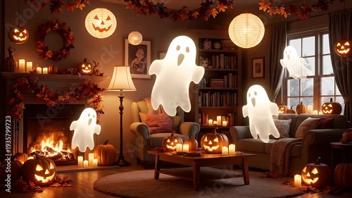 Spooky Halloween Home Decorations with Glowing Pumpkins and Ghosts.