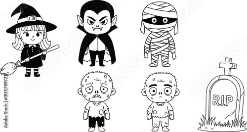 Set of black and white Halloween cartoon characters featuring witch vampire mummy zombie and gravestone for children coloring page vector