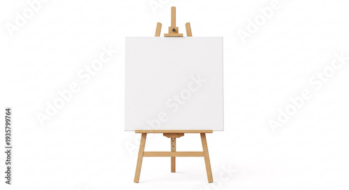 Wooden Easel Displaying Blank White Canvas on White Background in Studio Light
