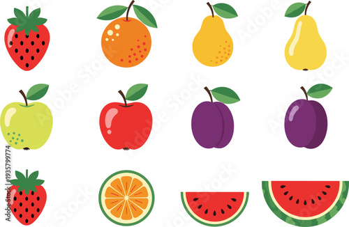 Colorful Fruit Icon Set Featuring Strawberry, Orange, Pear, Apple, Plum and Watermelon Slices for Healthy Food, Organic Nutrition and Grocery Design