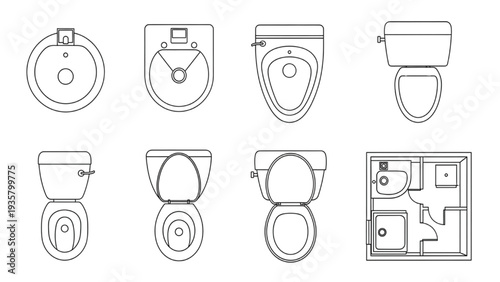 Top View of Bathroom Fixtures and Floor Plan Toilet, Sink, Bidet Illustration