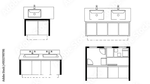 Technical Line Drawings for Bathroom Furniture Vanities, Sinks, and Interior Space Planning Schematics