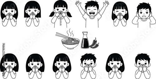 Set of cute children cartoon characters expressing spicy taste, hot ramen noodle reaction, covering mouth, shocked and excited facial expressions