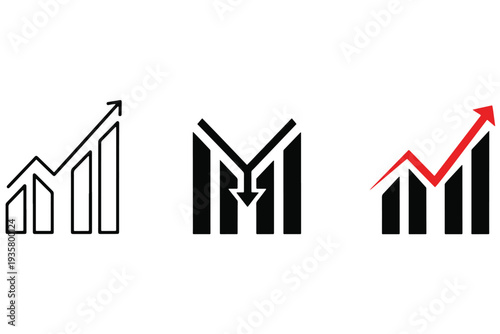 A graphic designer creates three bar chart icons with arrows indicating growth and decline on a white background