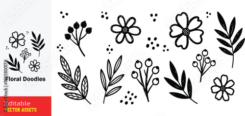 An elegant collection of hand-drawn floral and botanical vector illustrations crafted in a refined minimalist black and white style. This thoughtfully curated set features delicate blossoms with visib