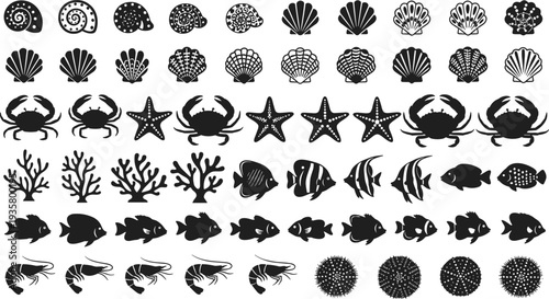 Marine life silhouette collection with seashells, crabs, starfish, coral, tropical fish and shrimp isolated on white background ocean vector set