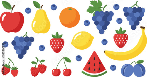 Colorful Mixed Fruit Icon Set Featuring Apple, Pear, Orange, Grapes, Banana, Strawberry, Blueberry, Watermelon and Cherry for Healthy Food Design