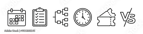 Set of black line icons representing tournament and competition elements like a calendar, checklist, bracket, clock, ticket, and versus symbol for sports or gaming events