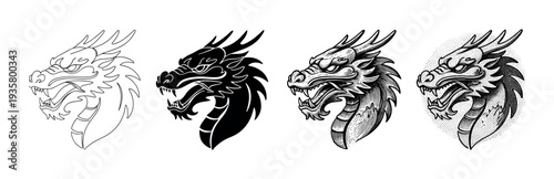 Four fierce dragon head illustrations presented in a set of different artistic styles including outline, silhouette, engraving, and dotwork for a powerful emblem or tattoo design