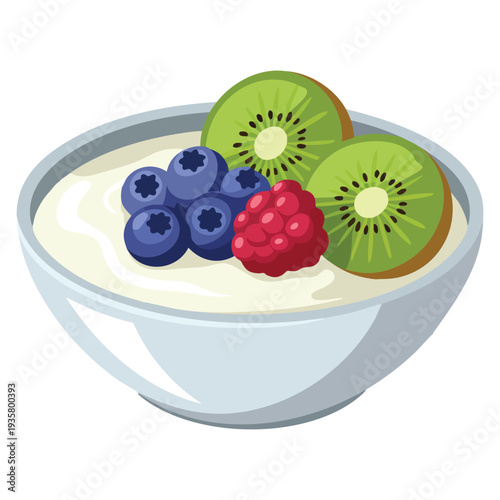 Illustration of fruit yogurt in bowl ideal for cafe branding healthy lifestyle promotion dessert menu graphics and fresh food packaging concepts