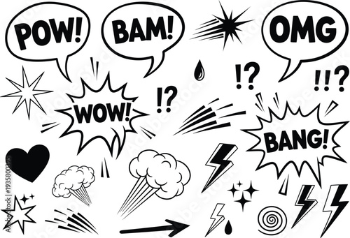 Comic book style speech bubbles and sound effects
