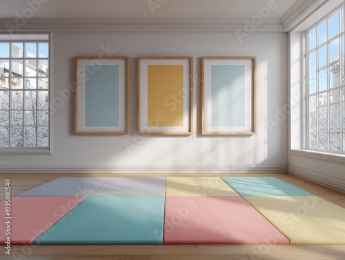 Minimalist room with three framed abstract art pieces. Colorful textured rug lies on wooden floor. Sunlight streams through large windows. Clean white walls enhance peaceful atmosphere