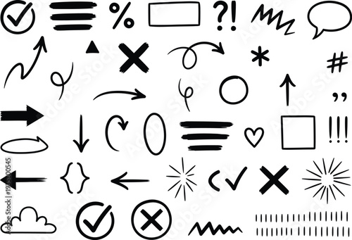 Collection of various black line icons and symbols