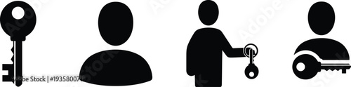 Black silhouette icons set featuring house key symbol and user person avatar representing secure login access identity authentication and real estate ownership concepts