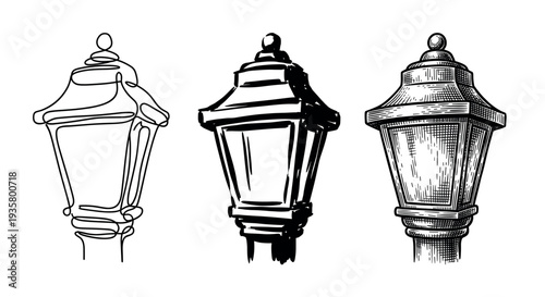 Four vintage street lamp illustrations in different artistic styles from continuous line art and sketch to detailed engraving and halftone dot work for a graphic design element set