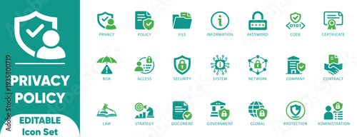 Privacy Policy and Data Security Solid Icon set. administration, document, certificate, contract, global, justice, law, strategy, Includes compliance, and vector icons.
