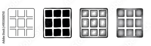 Set of four chocolate bar icons in different artistic styles including line art, silhouette, engraving, and halftone dot pattern for graphic design elements