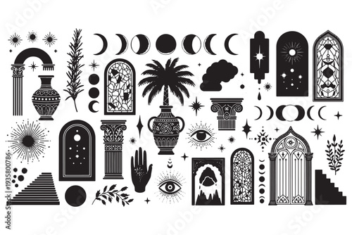 A mystical collection of black and white illustrations featuring various symbols and objects.