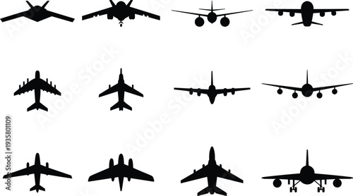 airplane silhouette collection, passenger aircraft front view icons, aviation transport jet vector illustration set