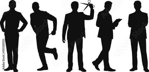 barber silhouette collection, hairstylist professional poses, barber holding scissors vector set, hair salon worker silhouettes illustration