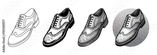 Set of four classic men's brogue shoes illustrated in different artistic styles from simple line art and graphic silhouette to detailed engraving and retro halftone dot pattern