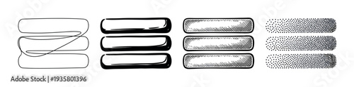 Set of hand-drawn rectangular marker strokes in four different artistic styles including scribble, solid ink, hatching, and stippling for graphic design elements