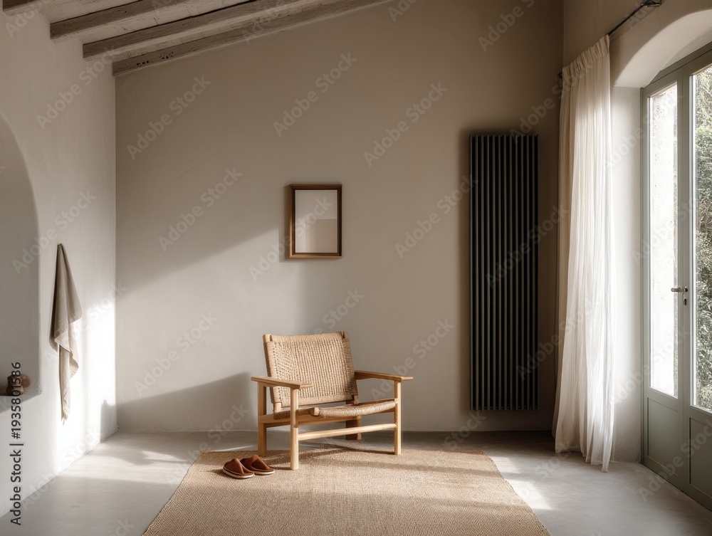 Fototapeta premium Minimalist room with wooden chair and natural light. Rug rests beneath the chair, adding warmth. Large window lets in soft, diffused daylight. Dark radiator stands beside the window