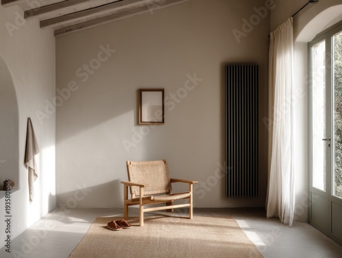 Minimalist room with wooden chair and natural light. Rug rests beneath the chair, adding warmth. Large window lets in soft, diffused daylight. Dark radiator stands beside the window