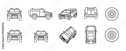 Armored truck line icon set showing a military vehicle from different angles including front, side, rear, top, and isometric views with a separate off-road wheel illustration