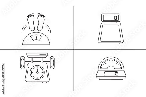 A collection of different types of scales and a person stepping on one to weigh themselves