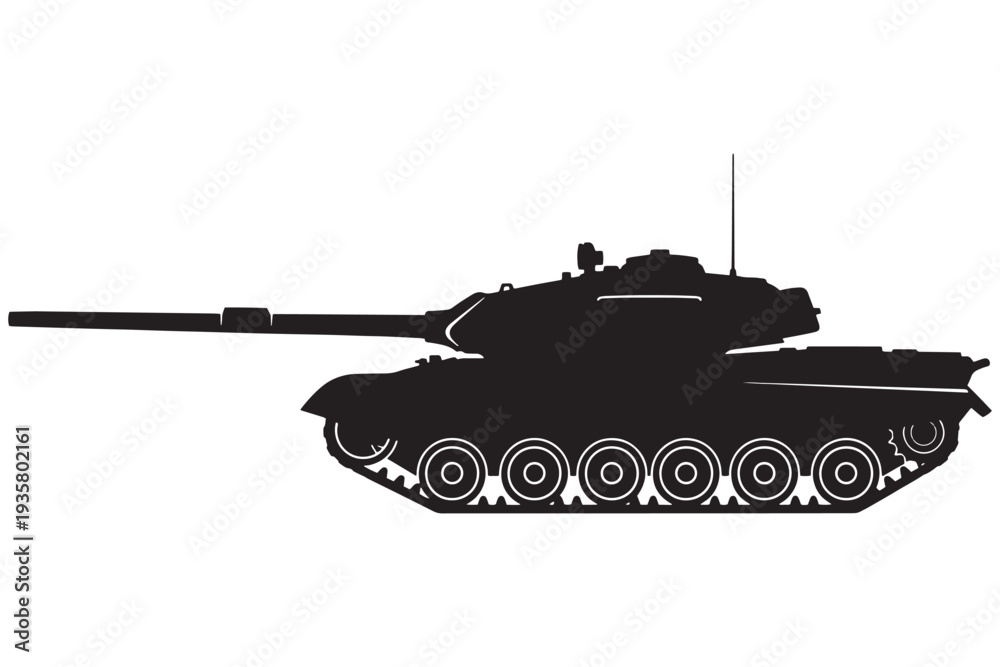 Fototapeta premium A black silhouette of a military tank on a white background