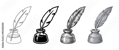 Set of four quill pens in inkwells illustrated in different artistic styles from simple outline to detailed engraving and stippling, representing vintage writing and classic literature