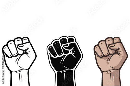 Three fists raised in solidarity and unity, representing diversity and equality.