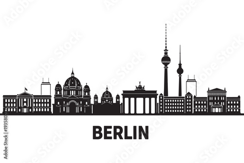 A black and white illustration of the Berlin city skyline with famous landmarks and the word Berlin written below.