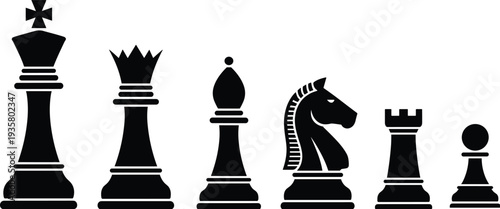 chess pieces silhouette set, king queen bishop knight rook pawn icons, classic board game strategy symbols vector