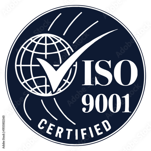 ISO 9001 certified circular sign representing international quality management system, isolated vector emblem for compliance branding