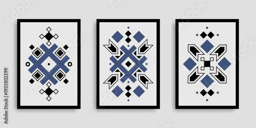 A set of three geometric vector wall prints with ethnic patterns in blue, black, and white. Modern abstract posters for interior design, home, and office decor in scandinavian style.