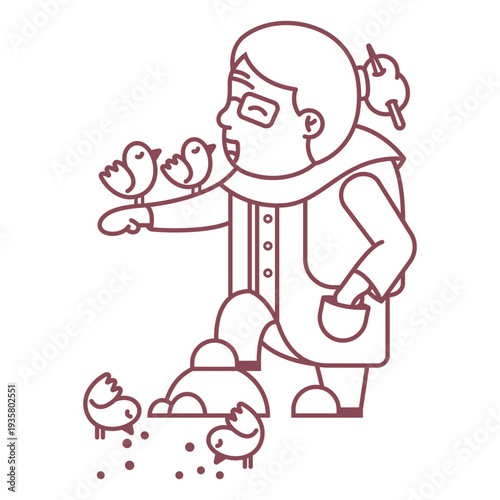 Grandma character feeding birds stroke