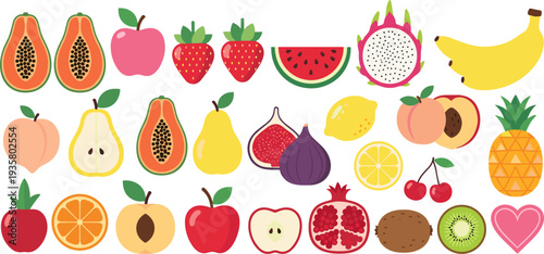 Colorful Mixed Fruit Icon Set Featuring Papaya, Apple, Strawberry, Watermelon, Dragon Fruit, Banana, Pineapple, Orange, Fig and Pomegranate for Healthy Food Design