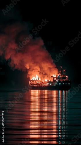 Burning ship in the dark sea, reflecting flames on water