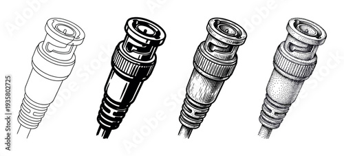 Four BNC coaxial cable connector illustrations showing different artistic styles from simple line art and hatching to detailed stippling in a black and white graphic set