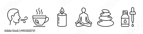 Set of black line art icons representing wellness and relaxation concepts like breathing exercises, herbal tea, aromatherapy candle, meditation, zen stones, and essential oil