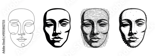 Collection of four abstract human faces rendered in various graphic styles, from simple line art and silhouette to complex engraving and pointillism techniques