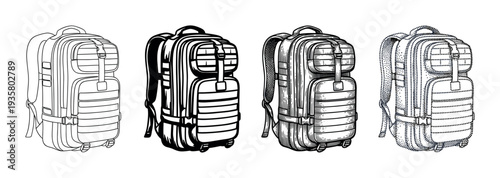 Set of four tactical backpacks illustrated in different graphic styles including line art, high contrast, detailed engraving, and stippling for military or adventure concepts