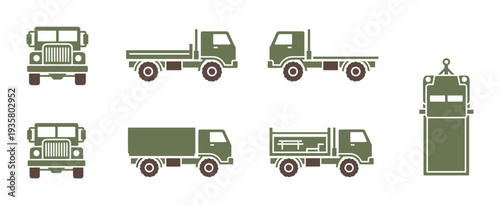 Military truck and transport vehicle icon set showing various models like flatbed, cargo, and dump trucks from front, side, and top view perspectives in a flat design