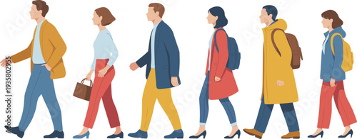 Vector illustration set of diverse people walking in line wearing colorful casual autumn outfits and backpacks isolated on white background for lifestyle design