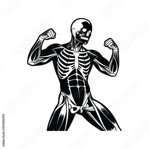 Human muscular system and skeleton silhouette bodybuilding concept