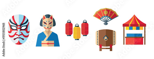 Collection of traditional Japanese festival icons including a kabuki mask, kitsune, paper lanterns, fan, taiko drum, and a market stall in a flat vector illustration style