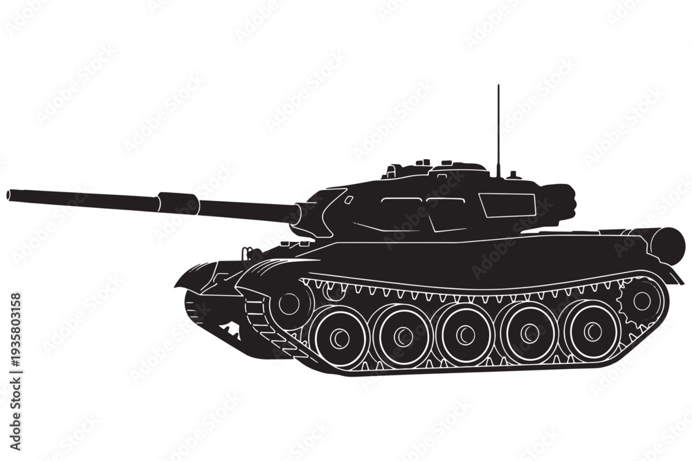 Fototapeta premium A black silhouette of a military tank with a long gun barrel on a white background