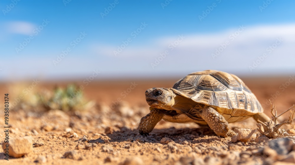 Obraz premium Tortoise Crossing Arid Landscape Under Clear Blue Sky on Hot Dry Terrain